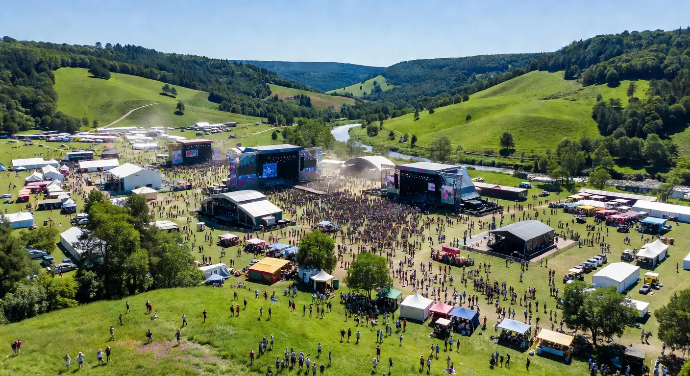Aerial overview of Golden River Veil Fest venue