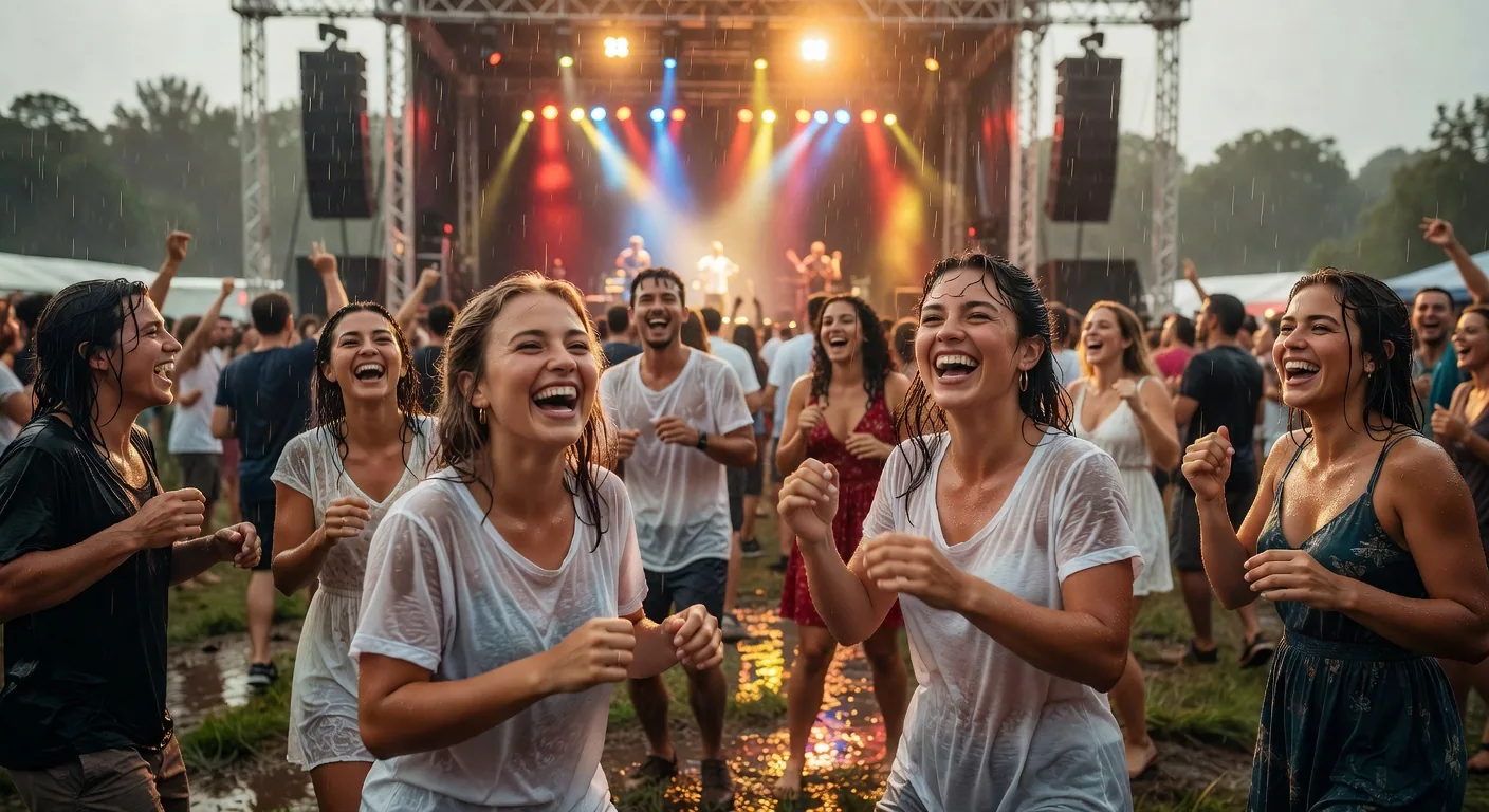 Festival-goers dancing in the rain at GRVF 2025