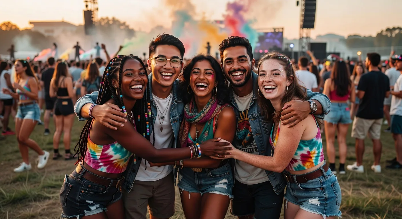 Friends group photo at Golden River Veil Fest