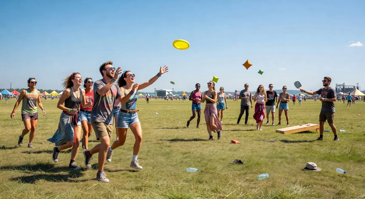 Festival attendees playing frisbee games in the activities zone