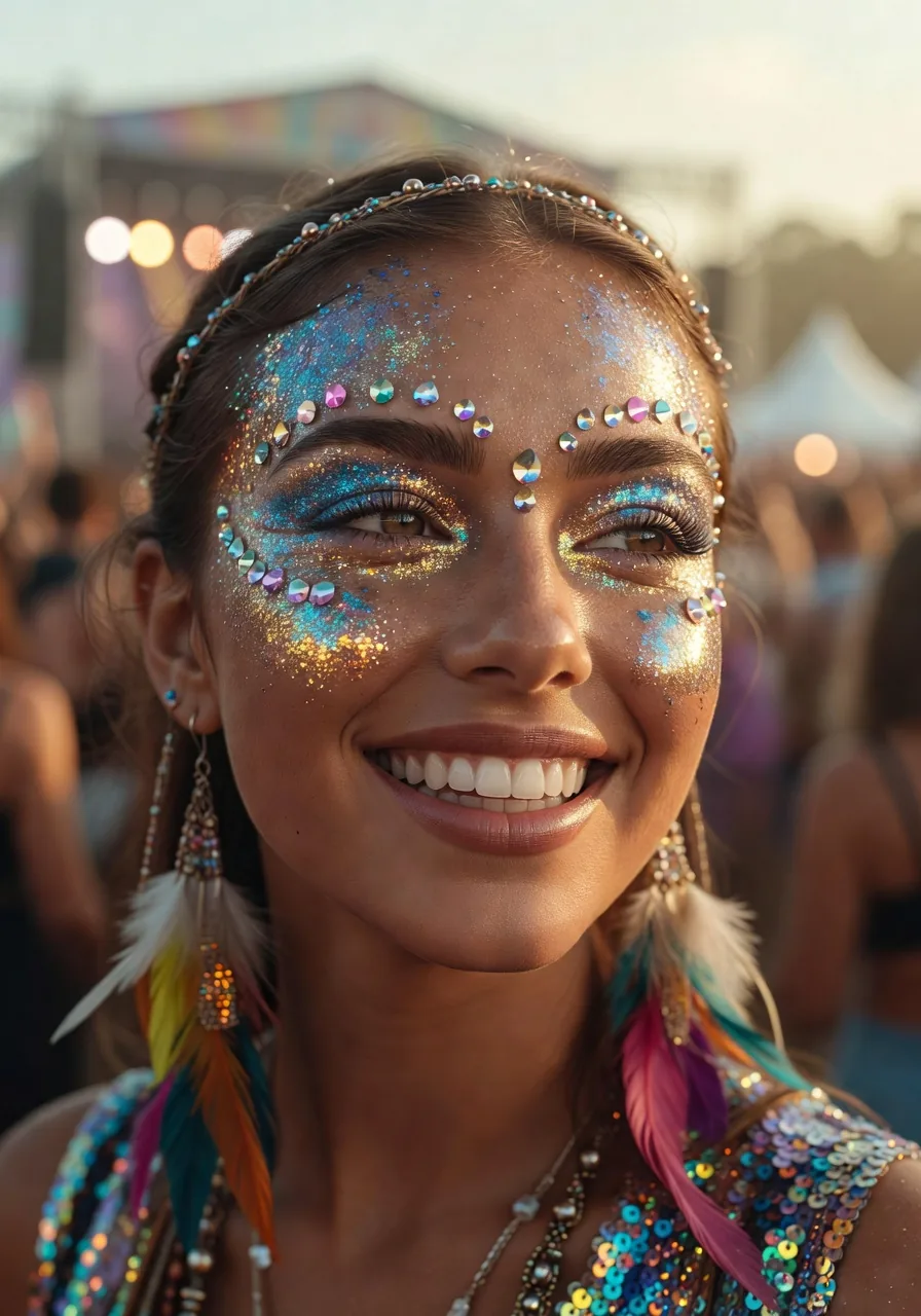 Festival attendee with glitter makeup and expressive styling