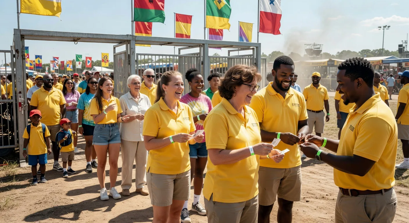 Staff checking festival tickets at entry gate
